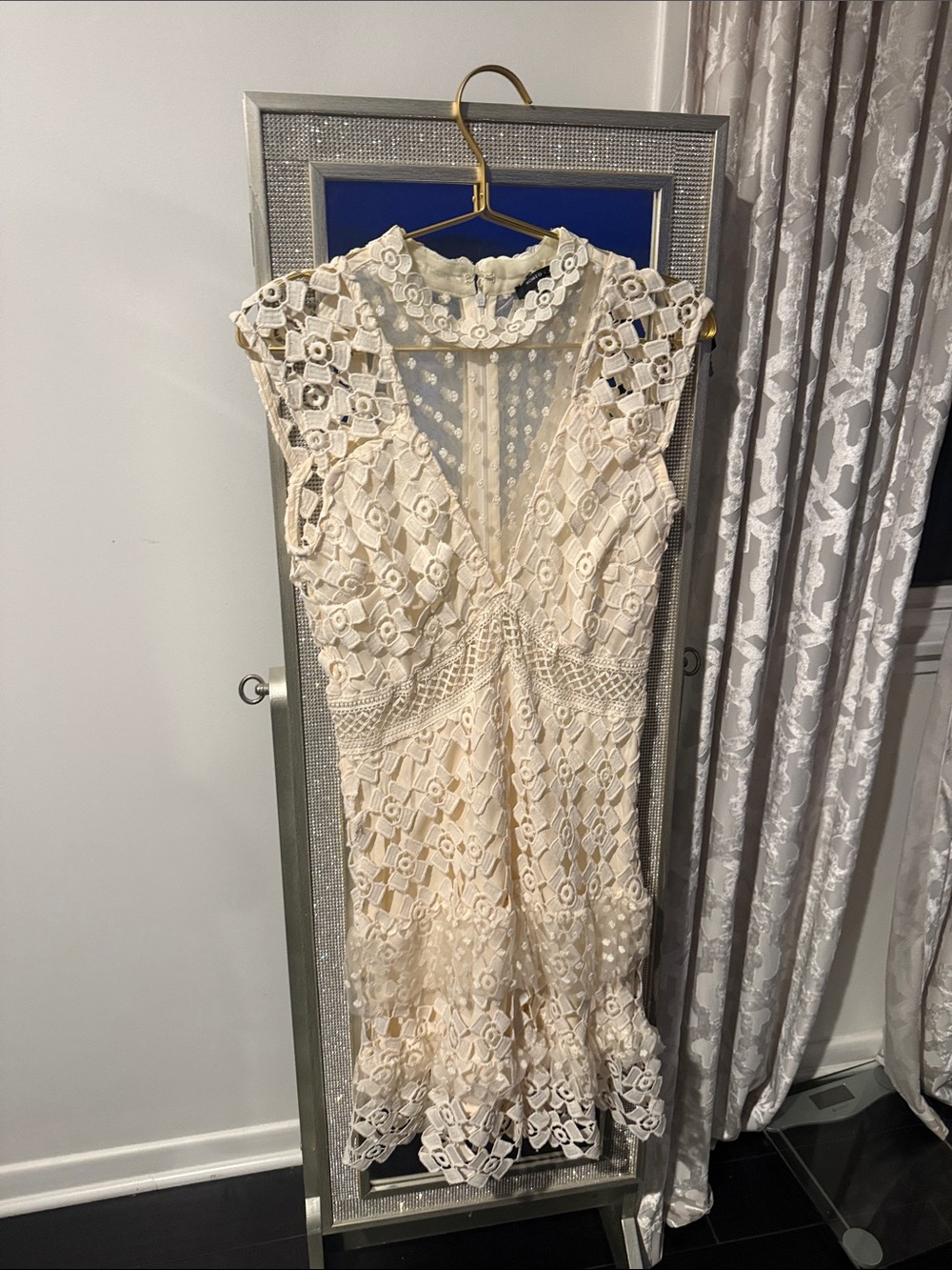 Romeo & Juliet Couture Cream Lace Midi Dress with Floral Crochet